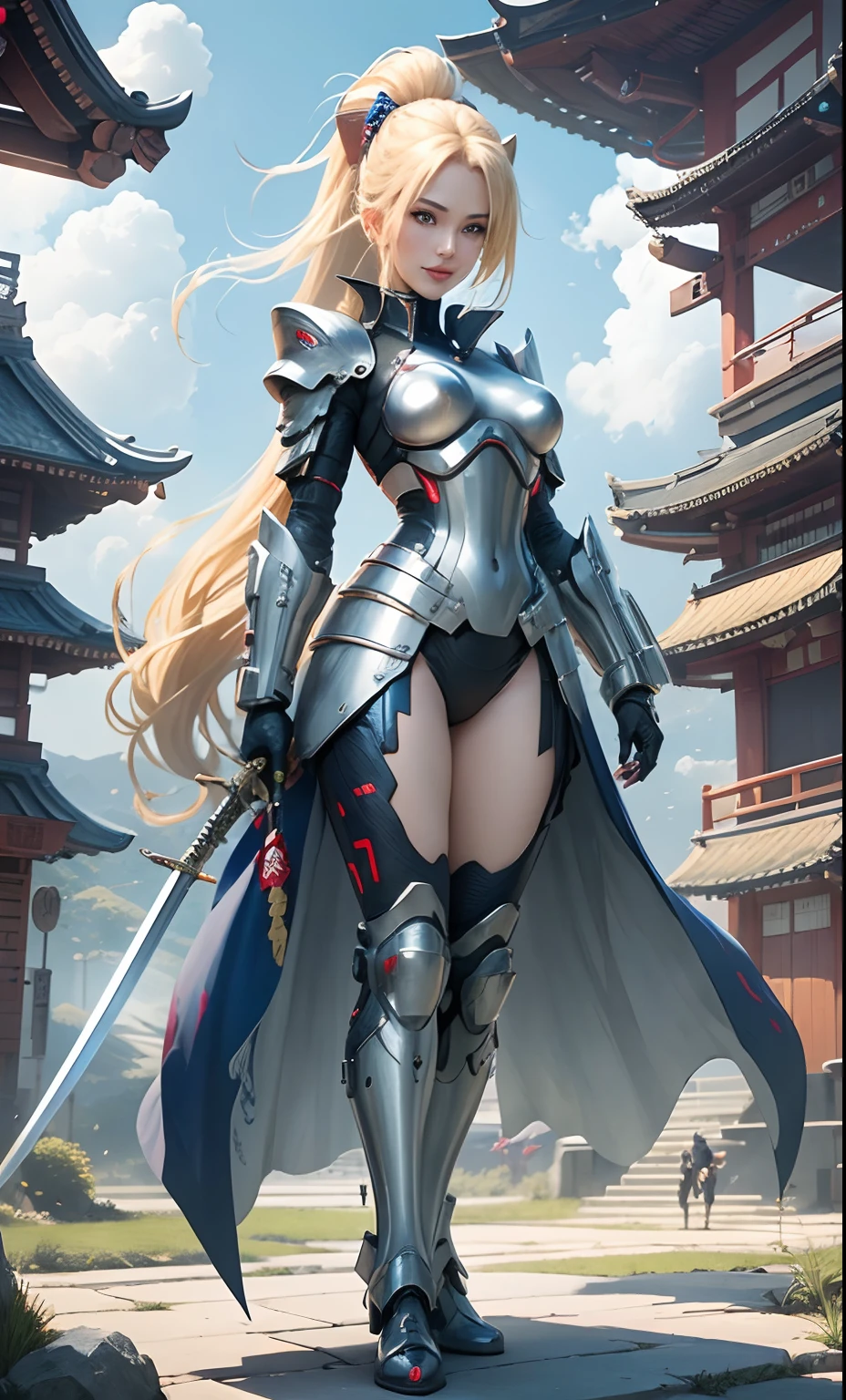 Beautiful girl with blonde hair, blue eyes, red lips(smile), big breast, wearing futuristic suit, holding sword, Samurai girl, cyberpunk,futuristic japan background, Shining suit, amazing, futuristic japan, Masterpiece, best quality, extremely detailed, 8k, realistic