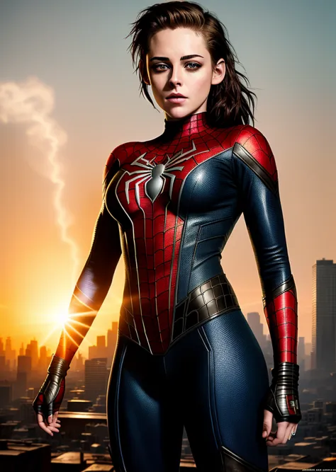 Kate Beckinsale in detailed brown Spider-Man costume, large breasts, superhero pose, standing in ruined city at sunset, hyperdetailed, smoke, sparks, sunbeams, (8k), realistic, symmetrical, award-winning, cinematic lightning, soaked, film, 75mm, scratches,...