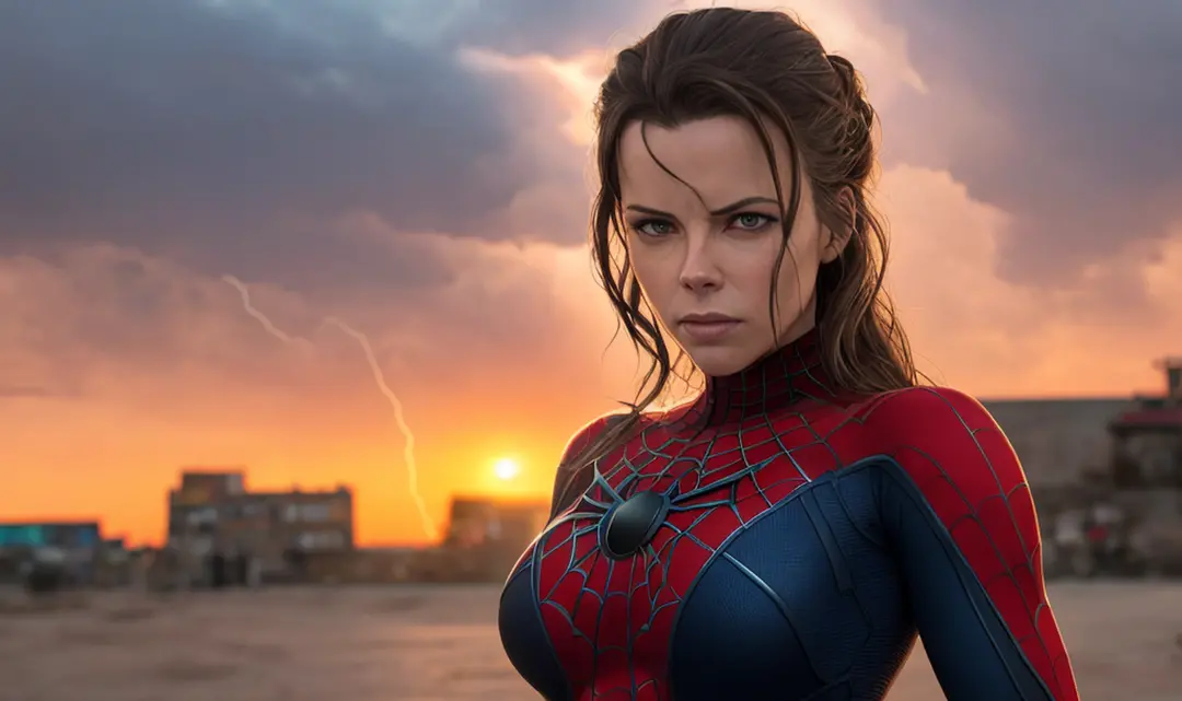 Kate Beckinsale in blue Spider-Man costume, photo of sassy woman with angry look, large breasts, superhero pose, standing in ruined city at sunset, hyper-detailed, (8k), realistic, symmetrical, award-winning, cinematic lightning, soaked, film, 75mm, scratc...