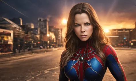 Kate Beckinsale in blue Spider-Man costume, photo of sassy woman with angry look, large breasts, superhero pose, standing in ruined city at sunset, hyper-detailed, (8k), realistic, symmetrical, award-winning, cinematic lightning, soaked, film, 75mm, scratc...