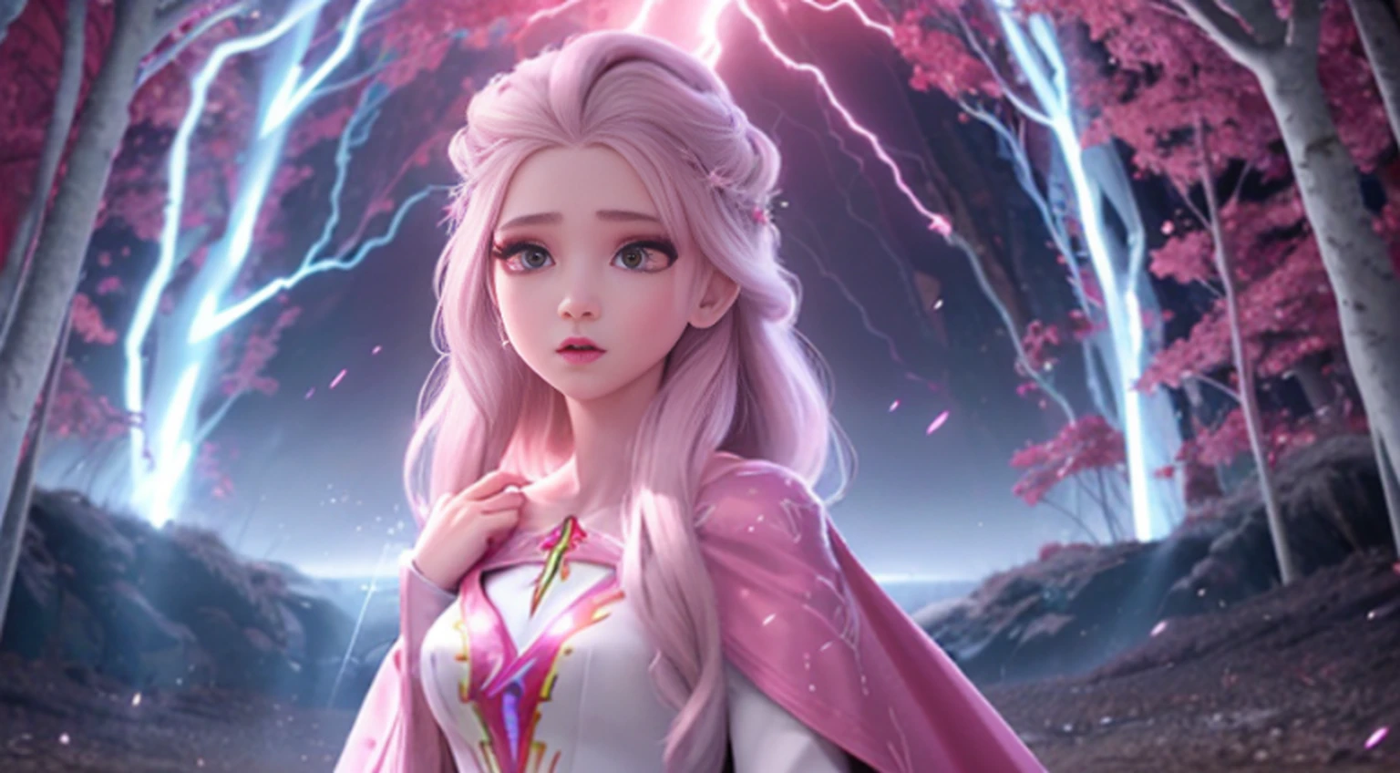 A woman in a light pink dress standing in a cherry forest, Artgerm, paisagem realista, Artgerm detalhado, olhos perfeitos, rosto perfeito, Ultra Detalhado, tiro de corpo inteiro, (Skindentation: 1.5), realista, realista, (obra-prima: 1.5), arte conceitual, detalhes intrincados, altamente detalhado, realista, octane rendering, 8K, motor irreal, dinamic pose, melhor qualidade, alta resolução, (rosto realista: 1.1), (hiper-realismo: 1.1) , ((full_body)), olhos perfeitos, (pele brilhante: 1.2), ((penteado))), ((perfect hands))), (fundo muito detalhado), ((dynamic background), ((lightning), (lightning), ((1girl)), Vestindo um manto, (((Manto de fluxo))), ((Olhos detalhados, Olhos de alta qualidade, Rosto de alta qualidade)), vestido rosa claro extremamente complexos, magical robes), casting lightning, eletricidade, spinning flame, radiation, spark, smoke, magia, (dramatic), epic, campo de batalha, profundidade de campo, bokeh, 4k, gotica, cinzas, particules.