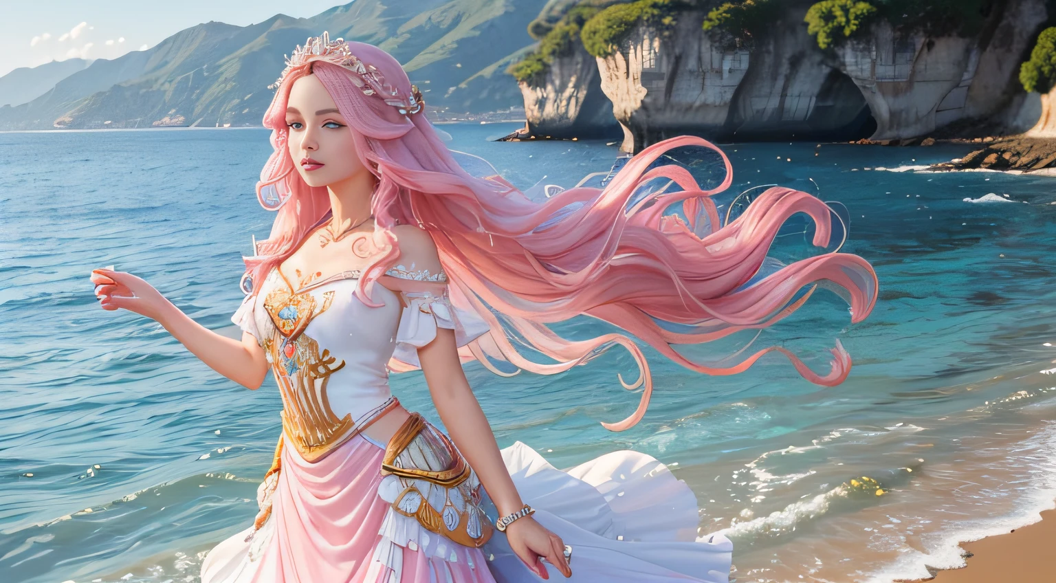 The little lady with long pink hair is on the scene in the world of the sea，It gives a sense of vitality and femininity。Her long hair was as soft as silk，Delicadamente coberta sobre os ombros，Dancing gently with the wind。Cada fio de cabelo exala um leve brilho，Parece ser iluminado pelo calor do sol。 Her hair color is a delicate pink，As bright and moving as a blooming flower。This color gives a fairytale feel，Era como uma princesa saindo do reino da fantasia。Realistic, Detailed and perfect appearance，Temperamento frio，Inadvertidamente escovando mil estilos，Joan's nose is delicate，The small cherry mouth is slightly hooked，(fotorrealista)，(Pele super delicada)Long pink hair swayed gently with her movements，Apresenta um sentido de movimento e vida。The young woman is dressed in a fresh navy-themed outfit。Ela usa um xale rosa com uma textura de tule，It is embroidered with patterns of marine life，Como peixes pequenos、Estrelas do mar e corais。The edges of the shawl are decorated with fluffy feathers，Deixa todo o look mais leve。Her dress is made of blue and white, like the ripples of waves。A bainha da saia tem uma camada de fios fofos transparentes，It flows like a ripple of water，Era como se pequenas ondas estivessem batendo contra o recife。The waist of the skirt is embellished with sequins and shell ornaments，Como uma joia marinha brilhante。A jovem pisou em um par de salto agulha rosa，The upper part is inlaid with motifs of pearls and marine elements，Deixe todo o seu visual mais perfeito。She wears a pale pink pearl bracelet in her hand，Vai bem com a cor do cabelo。 No ambiente do mundo marinho，A pequena senhora com longos cabelos cor-de-rosa tornou-se uma bela paisagem。The details of their clothes and physical features show their unique charm，Gives a feeling of freshness、romantic feeling。