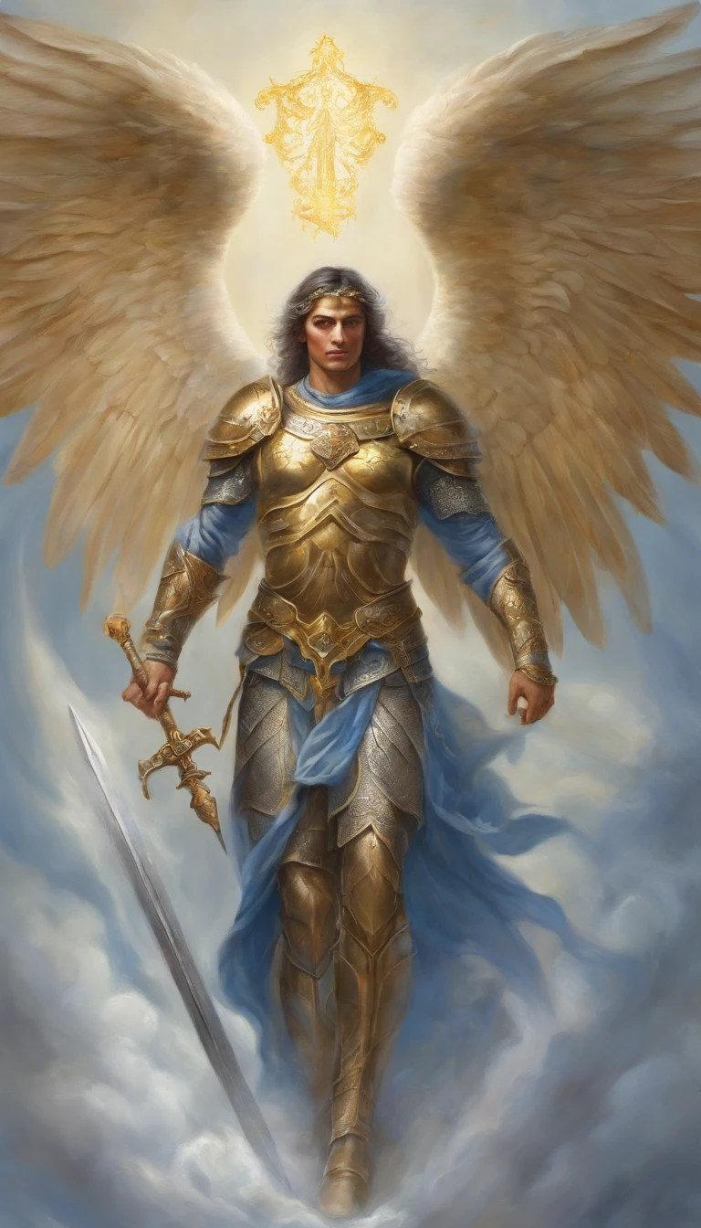 A painting of an angel with a sword and armor - SeaArt AI