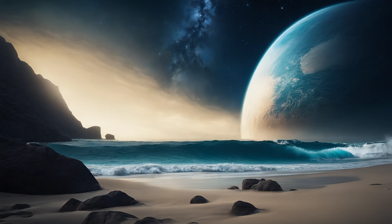 巨大な惑星, 夜, 高解像度、印象的な天の川:1.9、砂浜、広大な青い海、青い波、透明な波紋、青い氷河、稲妻:1.9、原始惑星、純粋な美しさ、帆船
