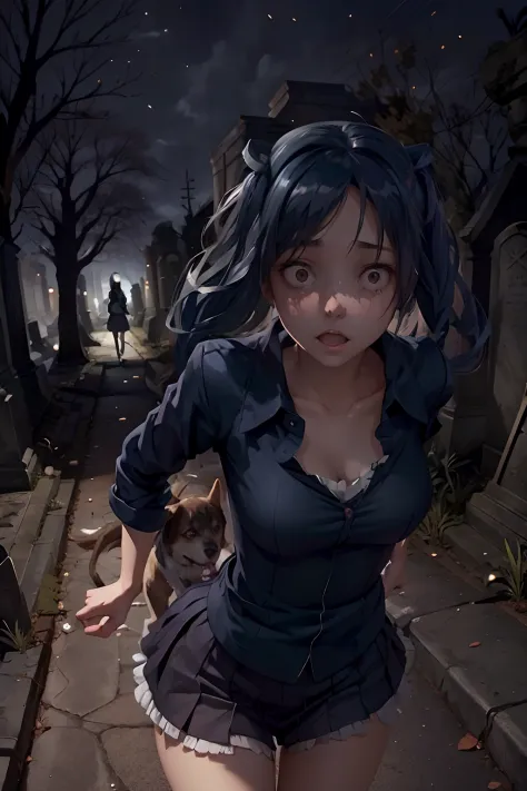 Beautiful creepy young woman  yandere, running through a creepy cemetery with her pet. (dogs)