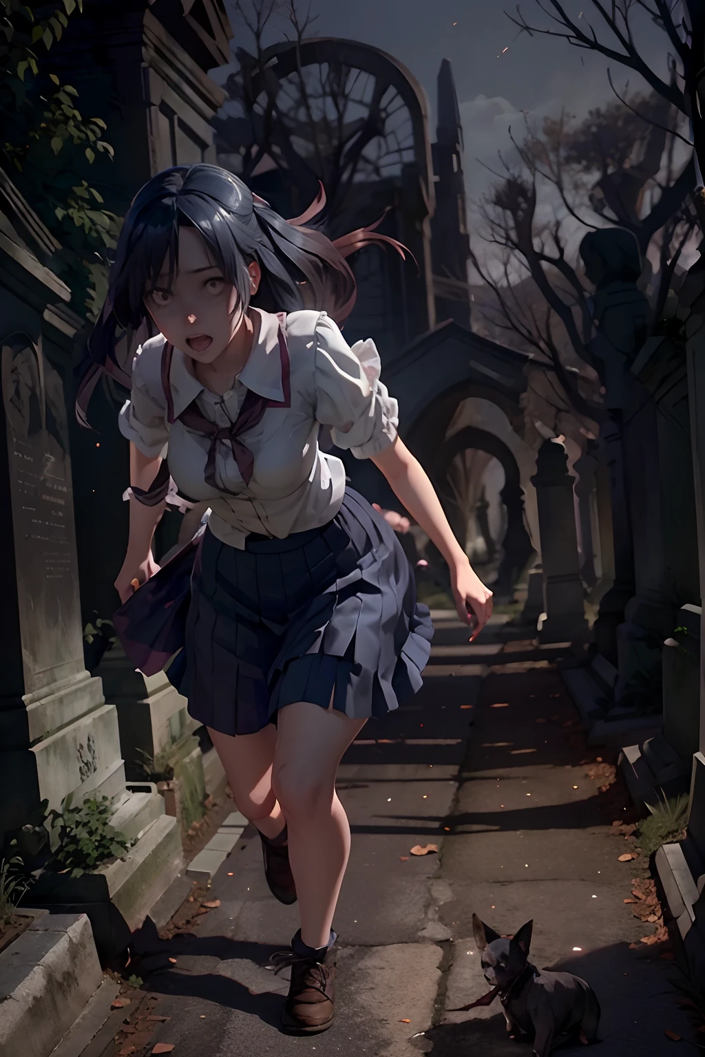 Beautiful creepy young woman  yandere, running through a creepy cemetery with her pet. (dogs)