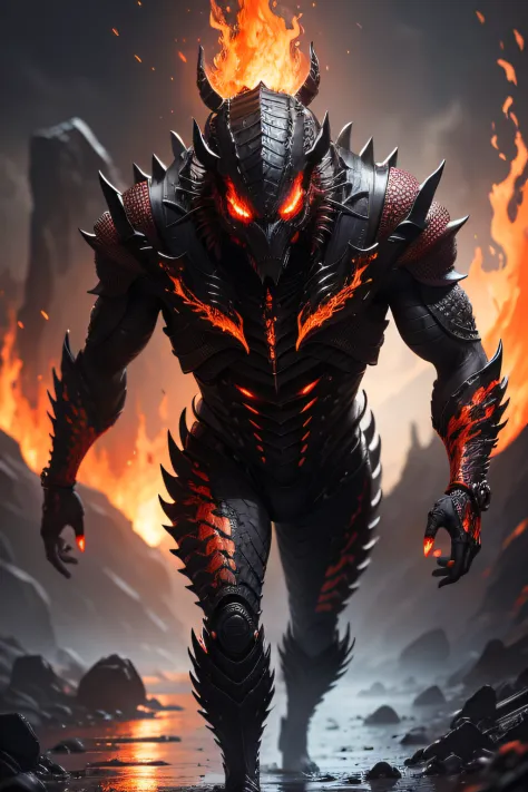 A magnificent, highly textured and detailed biomechanical realistic black Scorpiones with red fire eyes walks on a river of molten lava