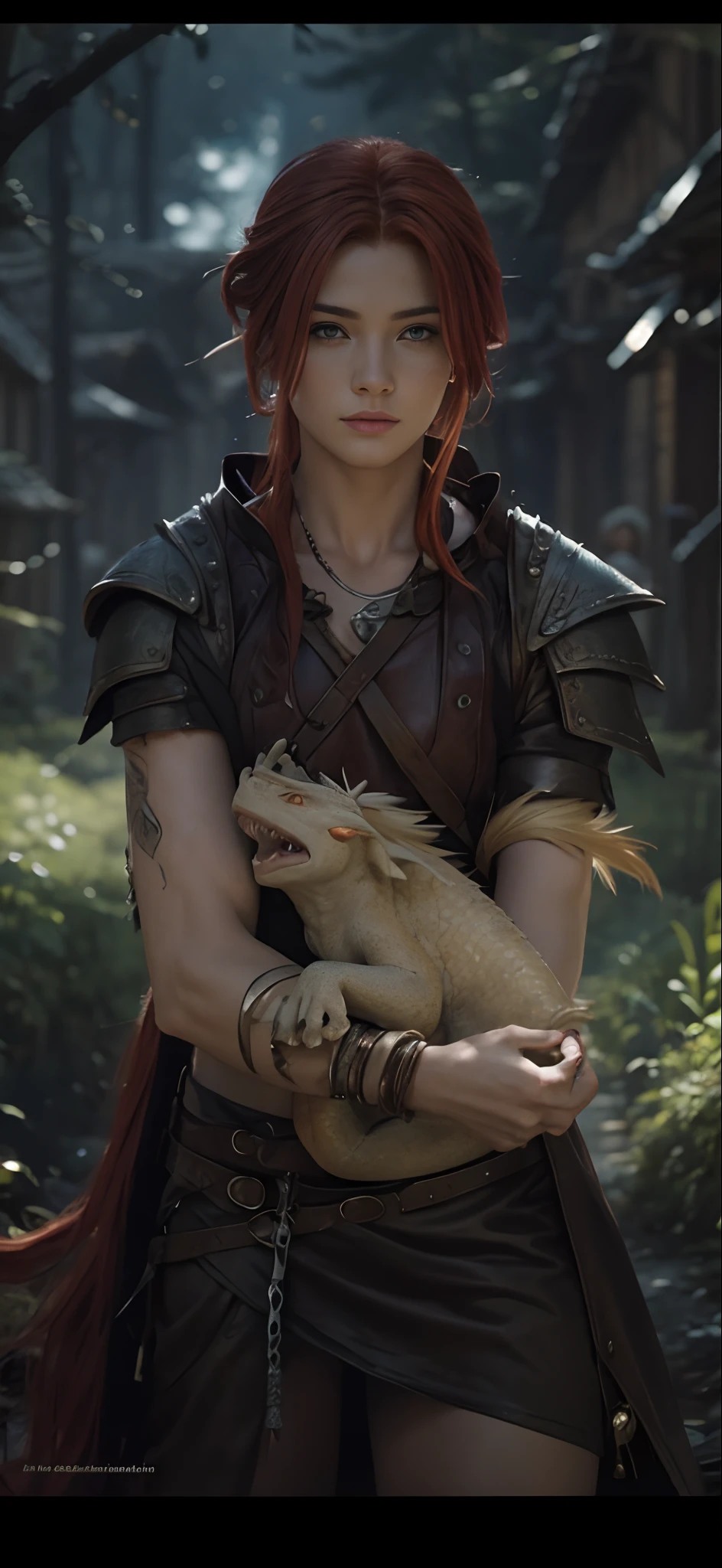 Ultra realistic, male with red hair is holding hands with blonde silver haired beautiful female with her pet dragon walking through a village full of barbarian men women and children deep in the forest,