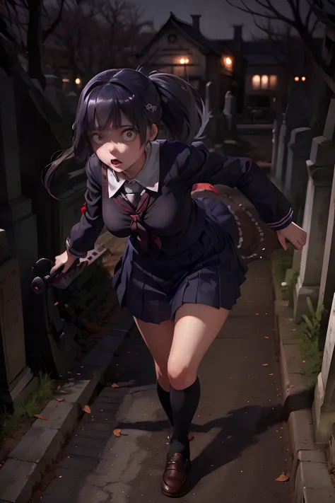 Beautiful creepy young woman (schoolgirl yandere), (British Style Japanese School uniform), creepy red eyes, running through a c...