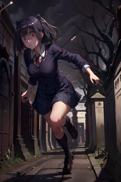 beautiful creepy young woman (schoolgirl yandere), (british style japanese school uniform), creepy red eyes, running through a c...