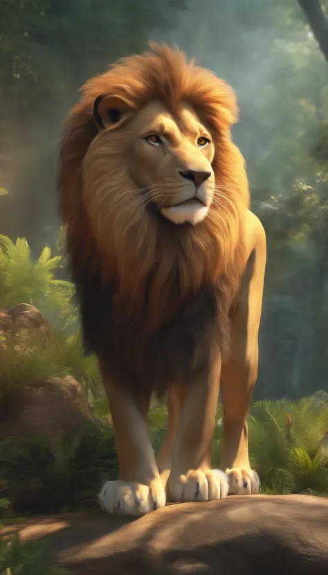 Painting of a lion with a lightning bolt in the background, Lion, lion warrior, Aslan the Lion, Rei da selva, with the mane of a lion, lion head, awesome art, half lion, paper awesome wallpaper, the mane of a lion, Arte digital alucinante, realistic illust...