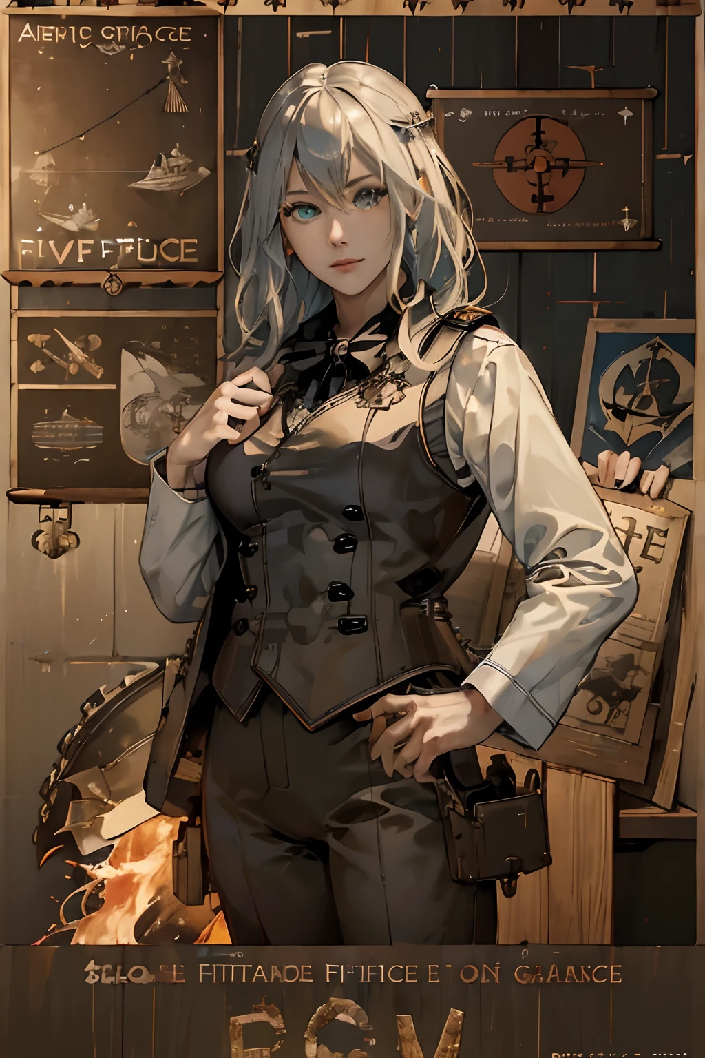 ((((((Maritime Self-Defense Force poster))))))、(absurderes、hight resolution、ultra-detailliert)、1womanl、a matural female、Age up、wavy and long hair、Split color hair、heterochromia iridis、bangss、long-sleeve、finely eye and detailed face、extremely detailed CG unified 8k wallpaper、intricate-detail、(style-rustmagic:0.8)、(medieval cyborg:0.8)、portlate、(bloody wounds:0.7)、Look at viewers、独奏、Half shot、细致背景、(Steampunk Theme:1.1)Determined representation、Dark Cooks Technomancer、 floating lights、Geared color leather vest、tech wear、jetpacks、Workshop in the background、Machines、gear、steams、Industry、tech、furnace、impurity、anvil、buttoning、levers、automaton、electricity、electric sparks epic atmosphere、、portlate