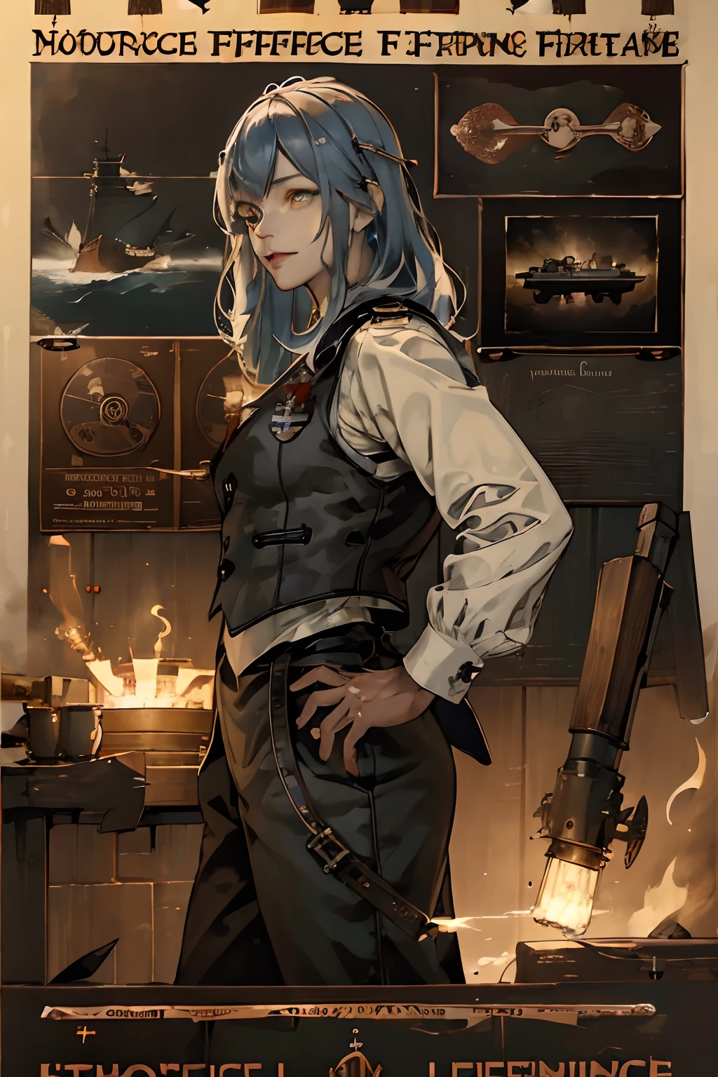 ((((((Maritime Self-Defense Force poster))))))、(absurderes、hight resolution、Ultra-detail)、1womanl、a matural female、Age up、wavy and long hair、Split color hair、Heterochromia of the iris、bangss、long-sleeve、finely eye and detailed face、extremely detailed CG unified 8k wallpaper、intricate-detail、(style-rustmagic:0.8)、(medieval cyborg:0.8)、portlate、(bloody wounds:0.7)、Look at viewers、solo、Half shot、Detailed background、(Steampunk Theme:1.1)Determined representation、Dark Cooks Technomancer、 floating lights、Geared color leather vest、tech wear、jetpacks、Workshop in the background、Machines、gear、steams、Industry、tech、furnace、impurity、anvil、buttoning、levers、automaton、electricity、electric sparks epic atmosphere、、portlate