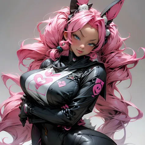 Anime milf with pink hair and rabbit ears posing in black and blue clothes, tan skin, dark skin, seductive anime milf, Highest r...