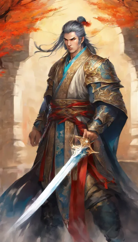 middle aged man, Evil painting style, A high resolution, Black color hair one bang infront，Half a demon face, warrior, Delicate three-dimensional blue flame demon face, Expression of anger, Perfect body proportions, kaftan, Black and white robes, A scabbar...
