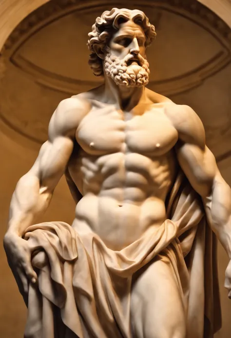 Statue of a Man, estilo Michelangelo, com barba curta, a marble sculpture with muscles and stains, classical realism, macho, corpo inteiro