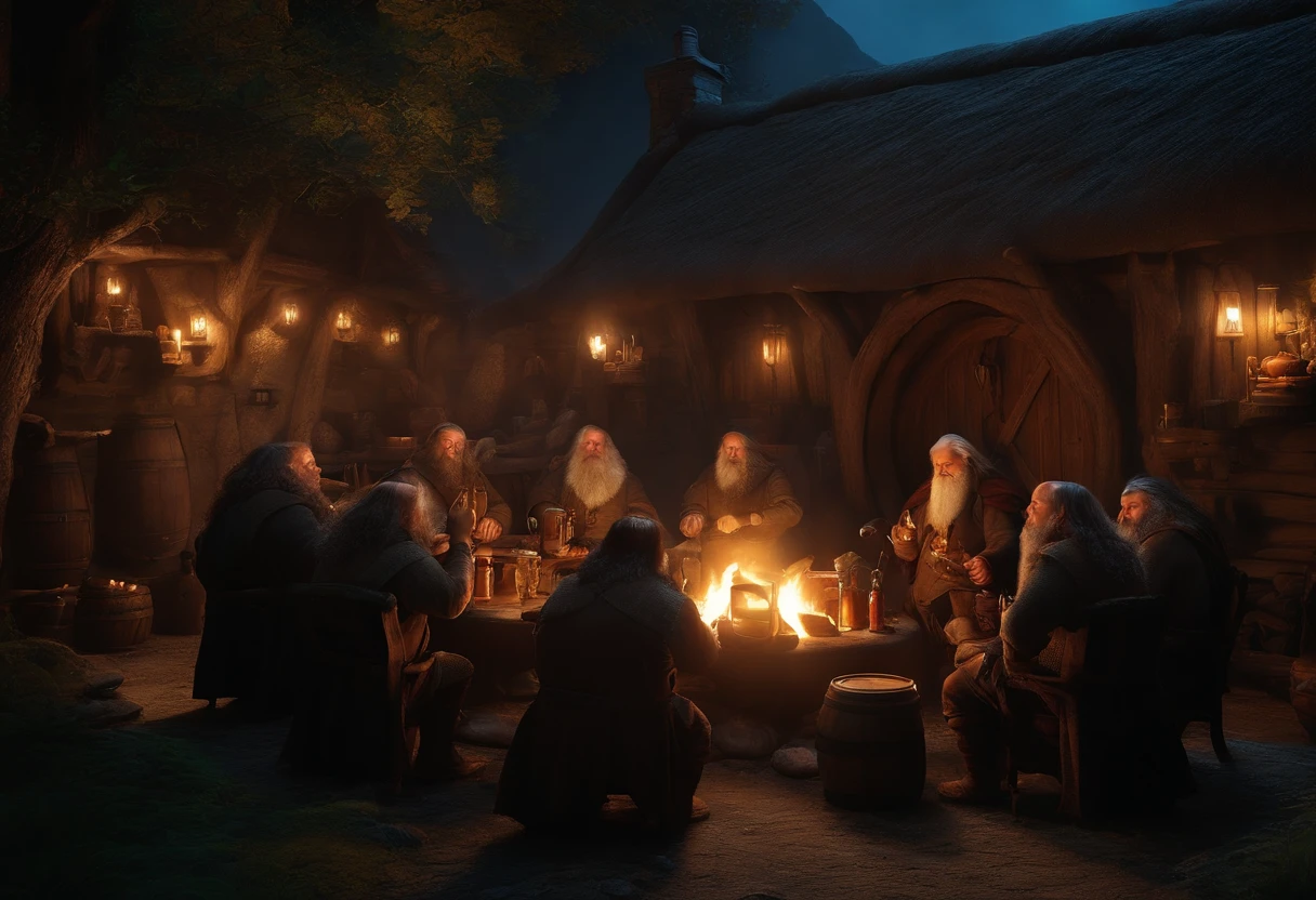 A group of people sitting around a fire pit in a dark forest - SeaArt AI