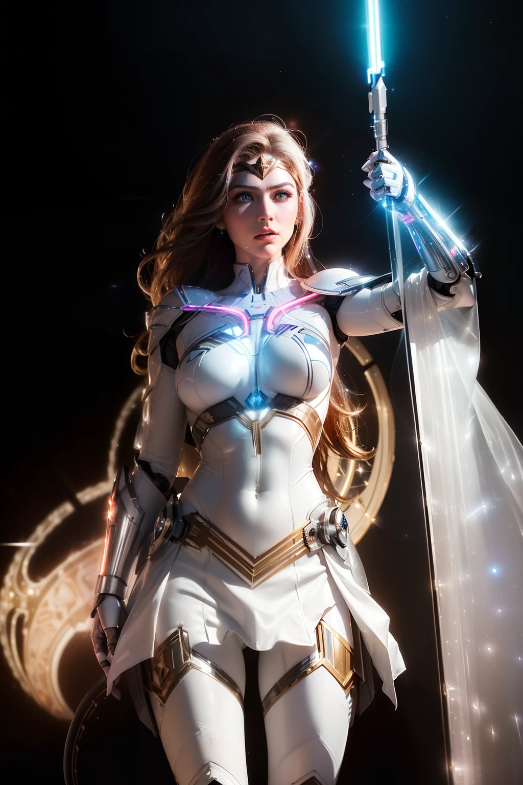 Wonder Woman realistic and intricate perfect beauty face, detailed & asymmetric perfect sharp galaxy glowing eyes, detailed face, (((from face to the waist))), (((beauty shape))), ((in realistic neon-lit sci-fi white plugsuit metal mech parts and robotic tentacles with neon-lit lights)), masterpiece, 4k, UHD