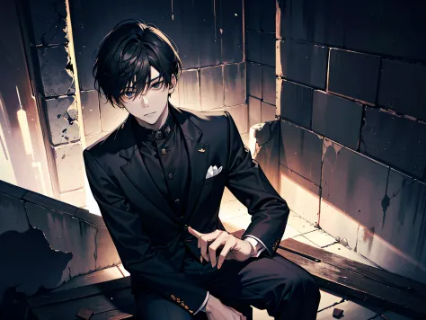 of a guy，with short black hair，Black clothes，Handsome looking，The expression is serious，Sitting cross-legged in a dark cell，The ...