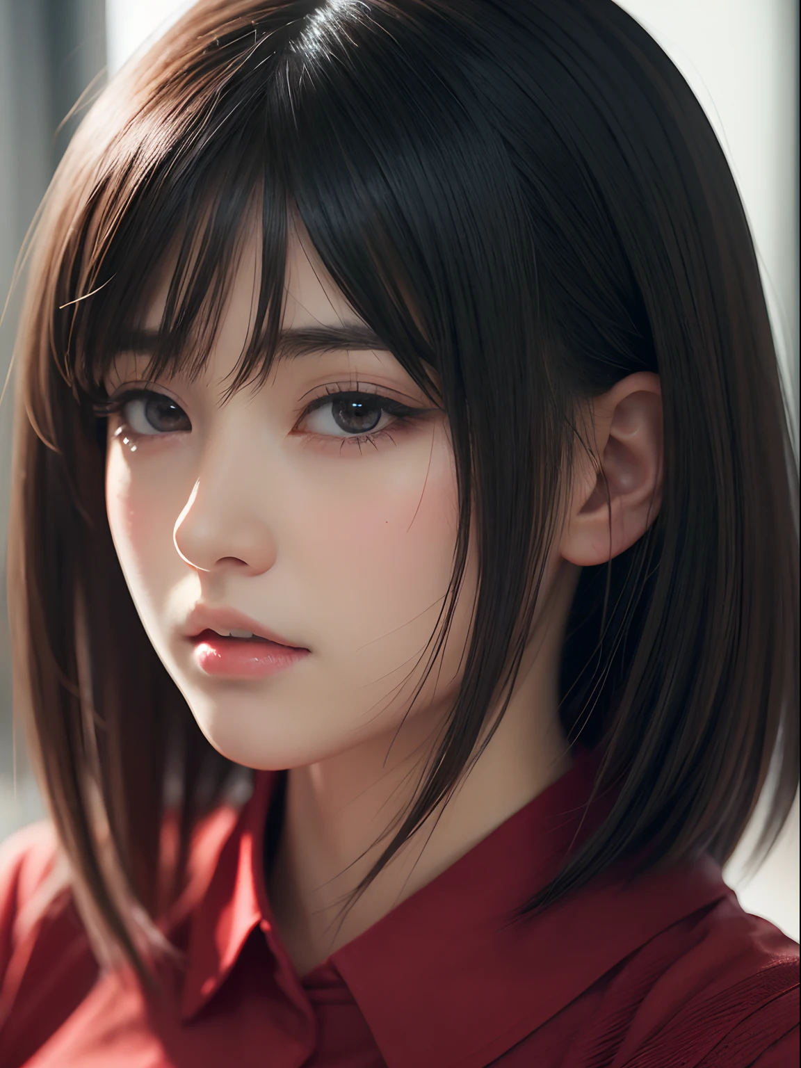 (Best Quality, masutepiece:1.2), 1 girl, Solo, black hair,Eyes with beautiful details,(red scaft),The upper part of the body,Bangs,ear, scouting Legion,