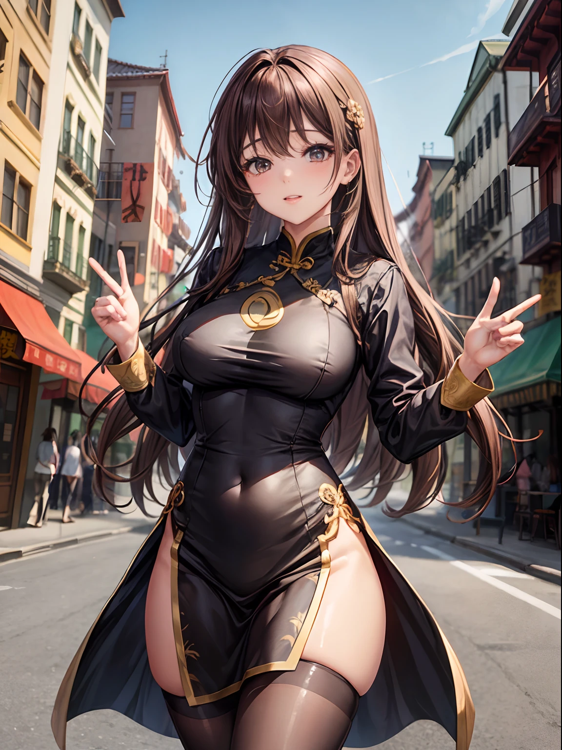 top-quality、Full limbs、complete fingers、One beautiful woman、Beautiful Large Breasts、long、straight haired、Brown hair、Black cheongsam、tights、Chinatown、sexypose、up