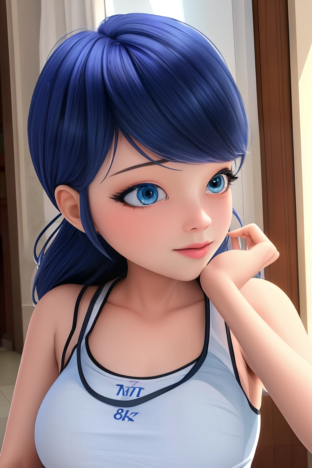 (8k, RAW photo, best quality, masterpiece:1.2), (intricate details), perfect eyes, perfect face, perfect lighting, beautiful, (masterpiece:1.2), (best quality:1.2), 1girl, solo, marinette, blue hair, long hair down, adult torso, 17 years old, slight smile, medium sized breasts, white sleeveless shirt, pink sweatpants