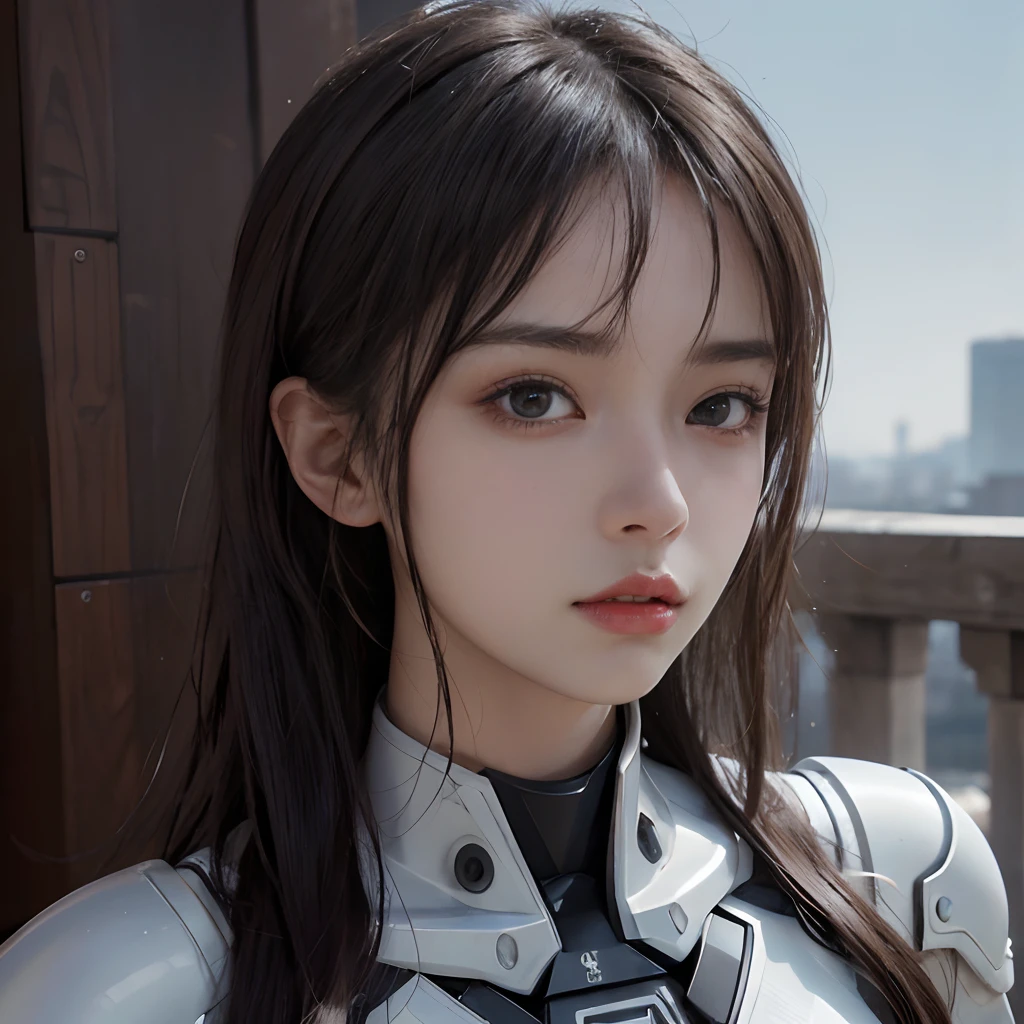 masutepiece, Best Quality, A hyper-realistic, ultra-detailliert, 8K resolution, Raw photo, Sharp Focus, (1girl in), Solo, gorgeous faces, Perfect body, maturefemale, 25-years old,  Portrait, mechs, White armor, Nanosuit, Sexy, hair messy, Cinematic, Cinematic Light, Dark theme