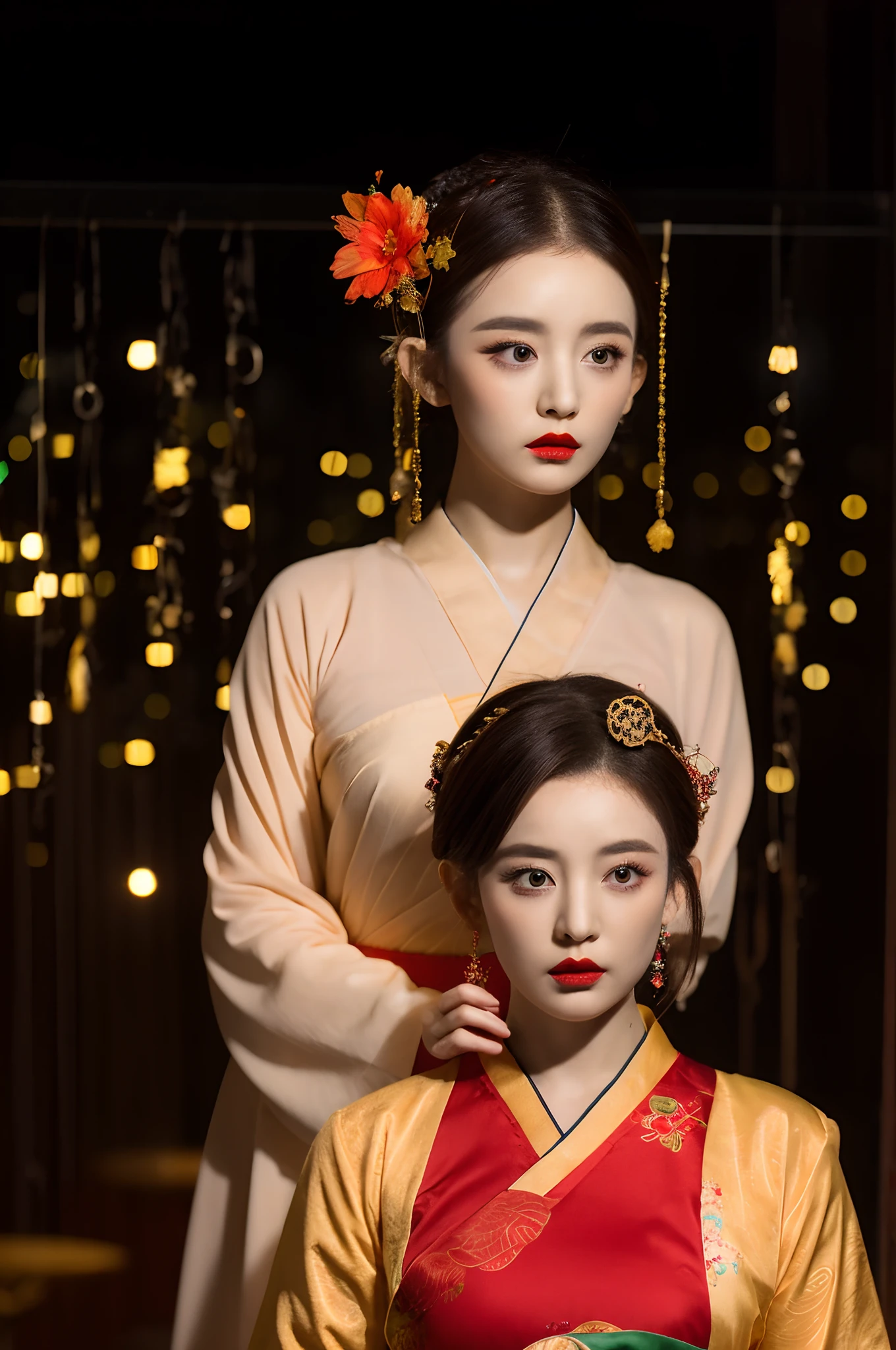 1girl,single hairbun,oiran hair ornament,oiran hairsticks,(looking at viewer),  (bokeh:1.1), parted lips,expressionless, realistic, meditation,starry sky,night, qipao,
pants, skyline,
realistic, llfGulnazarV2