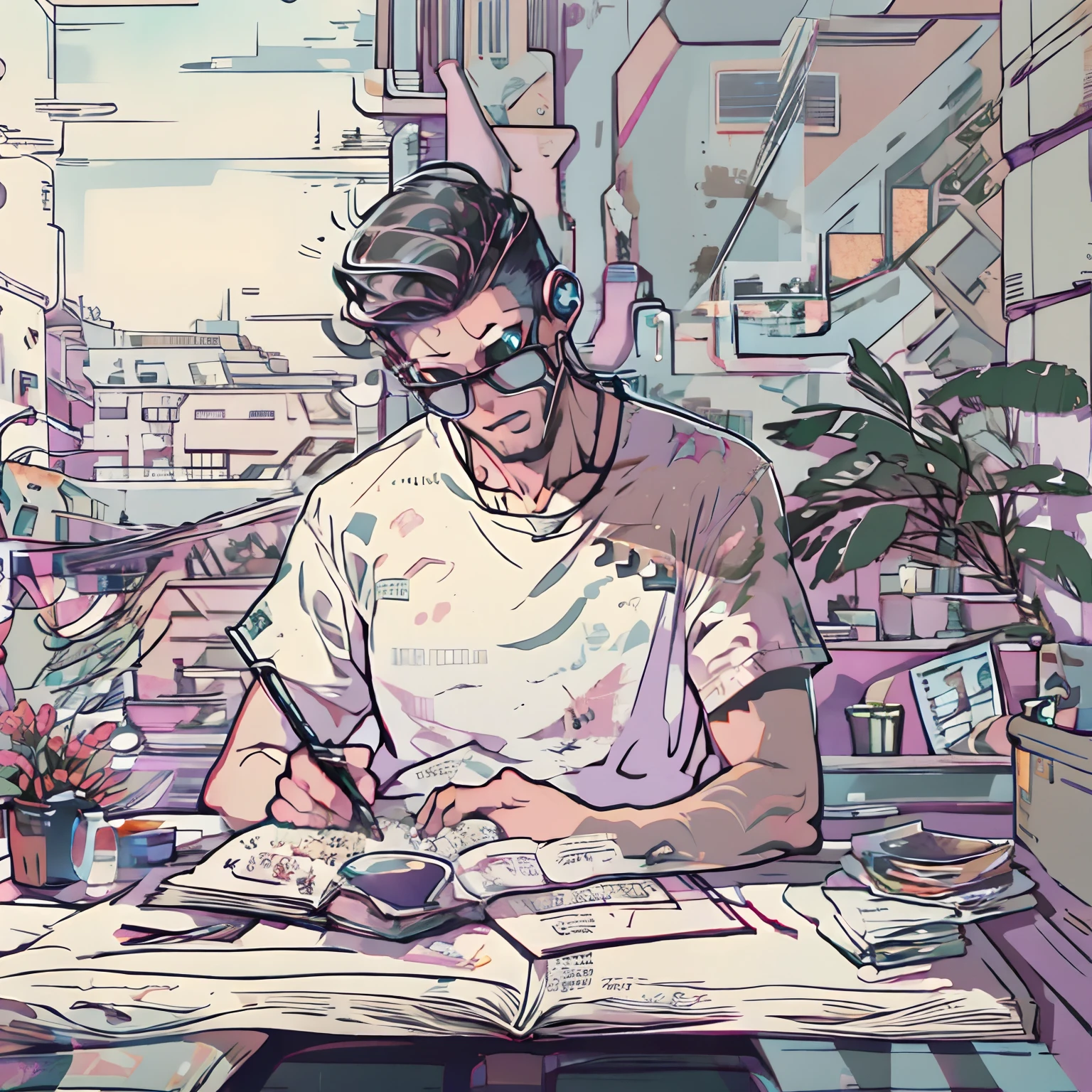 crie uma arte estilo lofi, com um homem branco sentado a mesa estudando, rosto com sombras, sentado de lado para o espectador, olhar fixo nos estudos, segurando um caderno apoiado sobre a mesa, 2D, Lofi, detalhes, obra prima, 4k, papel de parede