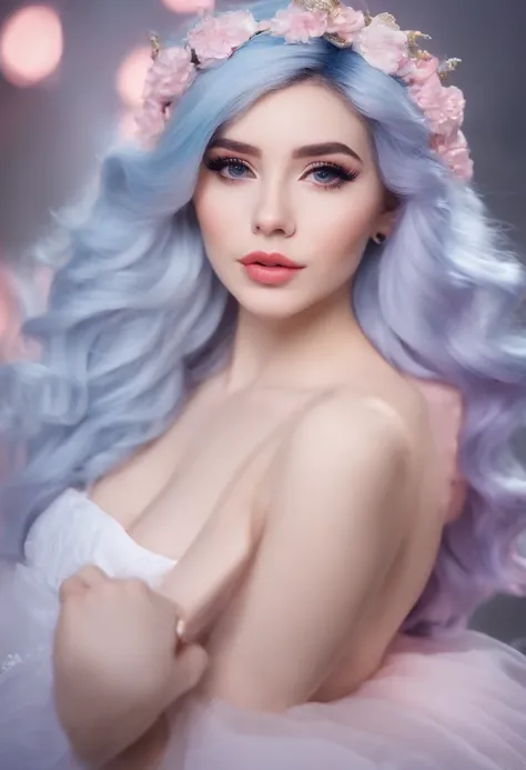 A close up of a woman with blue hair and a pink flower crown - SeaArt AI