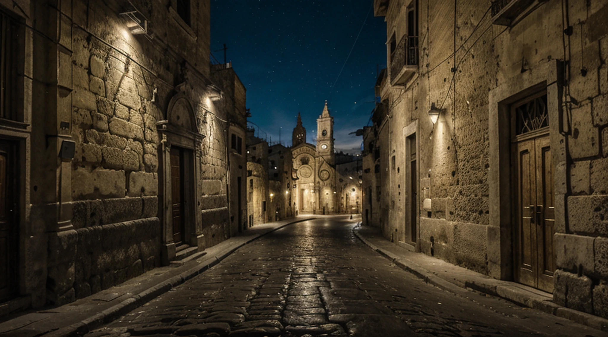 Catedral de Matera, alumbrado público crepúsculo luces de partículas por la noche, detalles altos, Efecto Tyndall