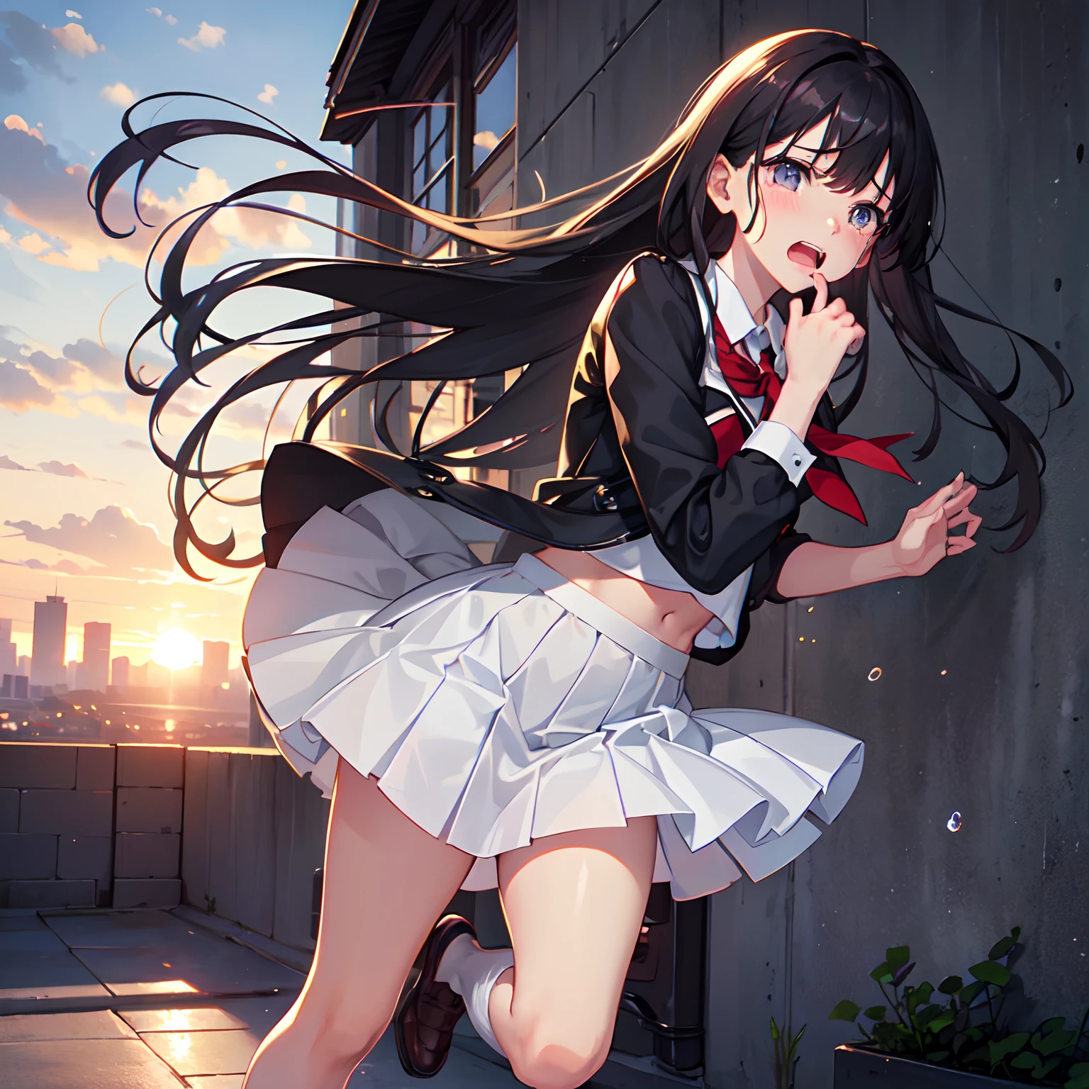 ​masterpiece,top-quality,Road with a view of the cityscape,Girl running crying,Sprint,From Side,A dark-haired,The long-haired,Hair that flutters in the wind,Purple eyes,Teary-eyed,Tears are overflowing from the eyes:1.5,Navel Ejection、student clothes,Pleated skirt,White Socks,Leather shoes,facial expression crying,Open your mouth a little,Red face,Splash of tears,the setting sun,middle school girl