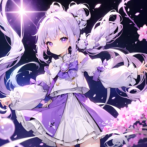 Lilac hair and ponytail，Milky white and bright light purple pupils and clothes，Petite figure，Very small, Sweet loli，It's a fluffy girl