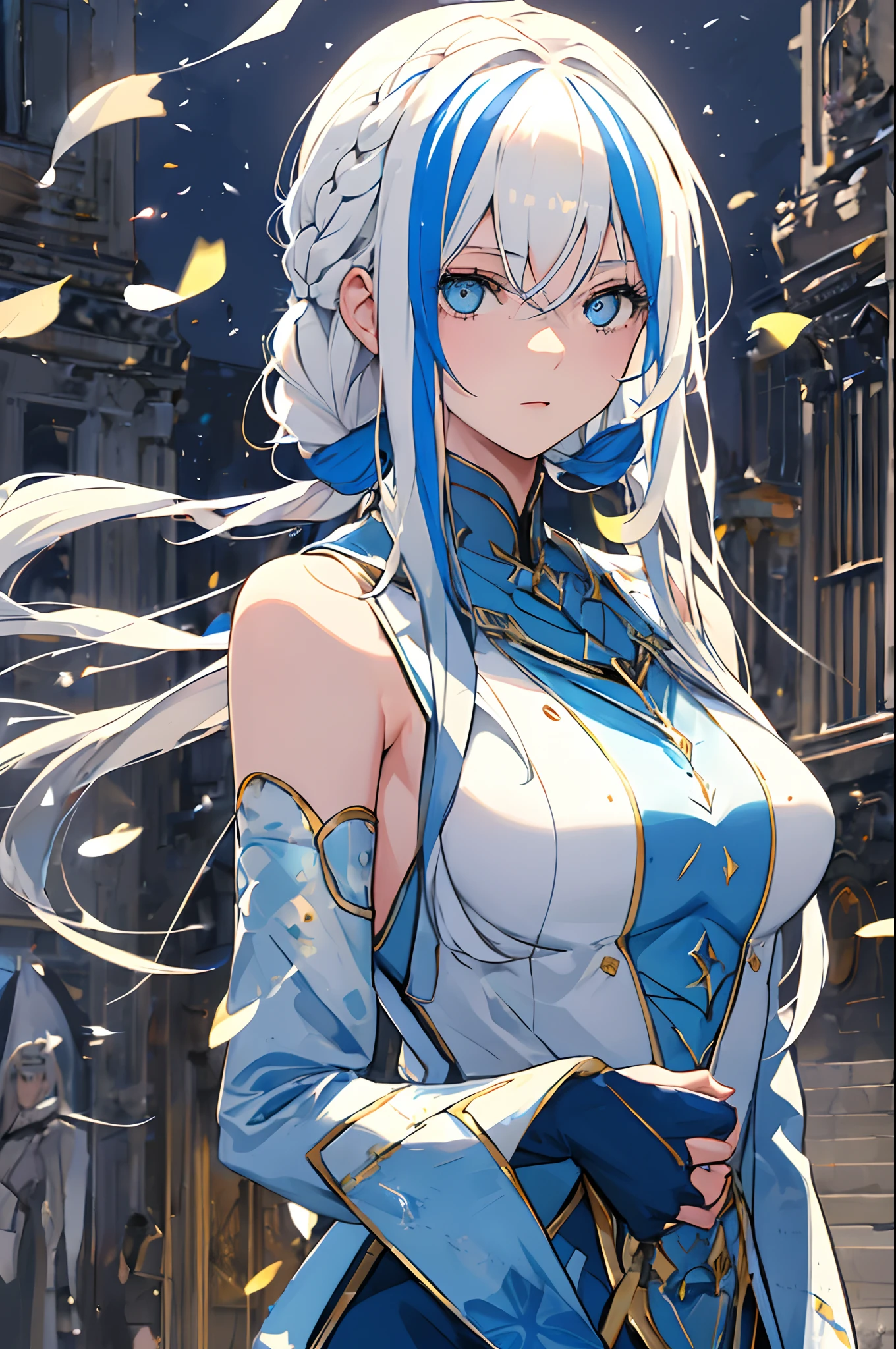 One girl, blue eyes, white hair, (((blue-streaked white hair))), french braids, delicate and flexible eyes, knightly attire, FOV, f/1.8, masterpiece, ancient civilization's ruins background, blue sky, falling leaves, front portrait shot, face focus, 8K, (((bare shoulders))), front bangs, (((asymmetrical hair))), knight lady, (((female knight light-blue attire))), looking at viewers, (((big breasts))), (((untied hair))), (((detached sleeves))), (patterned breastplate), (patterned breast armor)