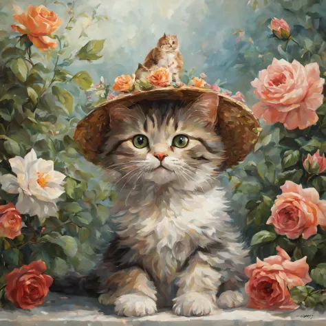 holding a bouquet of roses on a summer morning、alayna lemmer-style painting of a happy anthropomorphic kitten in a fancy hat sur...