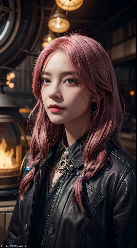 steampunkai, inventor working on a timemachine, a girl, pink long hair, extremely detailed face, extremely detailed eyes, 8k, starring at camera, zoom out