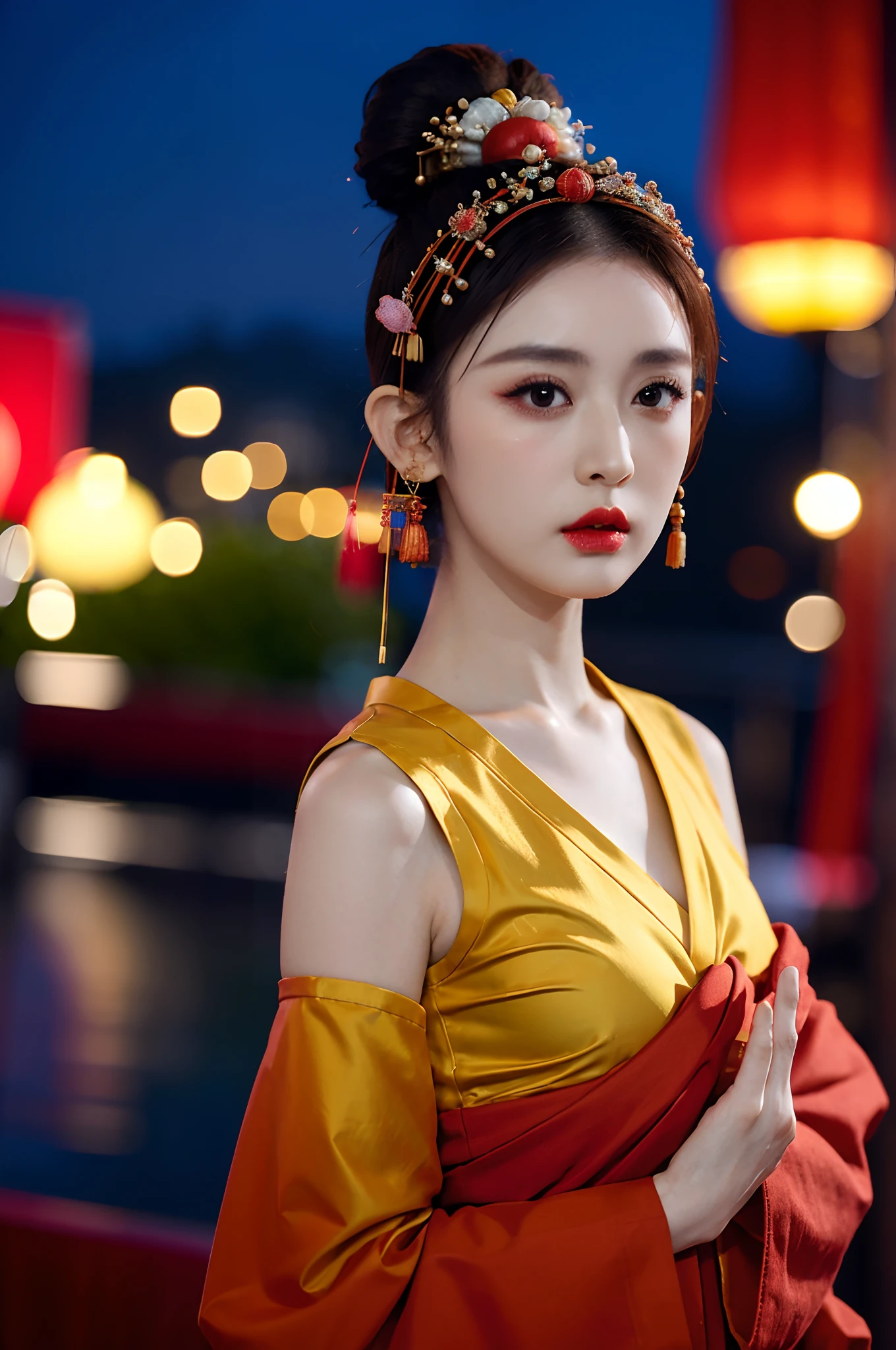 1girl,single hairbun,oiran hair ornament,oiran hairsticks,(looking at viewer),  (bokeh:1.1), parted lips,expressionless, realistic, meditation,starry sky,night, qipao,
pants, skyline,
realistic, llfGulnazarV2