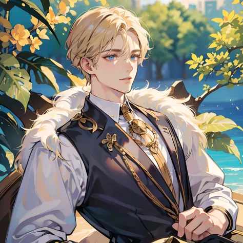 (best quality,4k,8k,highres,masterpiece:1.2),ultra-detailed, realistic, blue-eyed, distinct blonde-haired man, standing under sunlight, emitting a charming aura, faraway gaze, proud and confident expression, well-defined facial features, sharp jawline, dee...