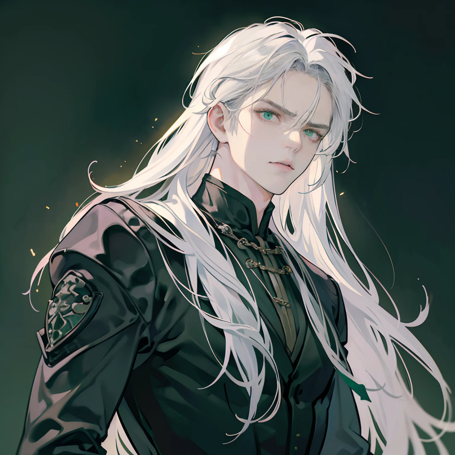 (best quality, highres), (realistic), (portraits), (white hair:1.1), (long hair:1.1), (green eyes:1.1), (muscular figure: 1.1), (angry: 1.1), (far away: 1.1), (dark background: 1.1), man, intense gaze, powerful demeanor, dramatic lighting, mysterious atmosphere, piercing eyes, tension, rugged appearance