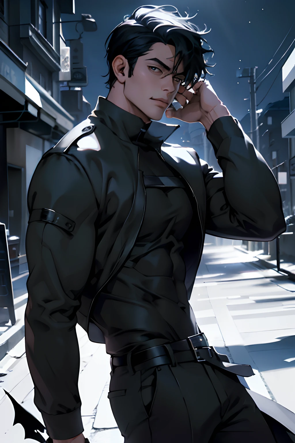 (absurdities, High resolution, ultra detailed), 1 man, handsome, high, muscular, 25 years old, short black hair, gray eyes, youthful hairstyle, manly seductive pose, En medio de una calle visctoriana vacia at night, terrifying environment, suspense environment, (black leather suit), wounded and bleeding, colorful, artistic, depth of field,8k, Hyperreal, 50mm, Kodak Portra 400, photograph by Martin Schoeller, natural light, Natural skin, Real skin texture, Foot fetish, An award-winning photographic portrait of a man, short black hair, a dark clalle in the background, Surreal decorated skin, masculine, whole body en movimiento, defined body, whole body, stunning realistic, sinister aura, horror background, Vampires, moustros, DEMONS, emanating a dark blue aura, RAW photograph, defined body,maximalismo, octane rendering, unreal, 8k, depth of field, bokeh, night background, at night, grey eyes, Face without hair, black ink, 8k, Hyperreal, 50mm, Kodak Portra 400, photograph by Martin Schoeller, natural light, Natural skin, Real skin texture, Foot fetish