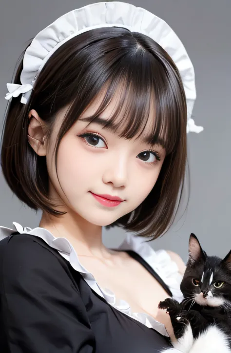 1girl,18 years old,(cleavage between breasts:1.2), beautiful eyes,smile, japanese idol, extremely pretty, cute, perfect face, fascinating smile, captivating smile, happy smile, large round eyes, Gentle facial expression, (holding a cute kitten:1.3), lookin...