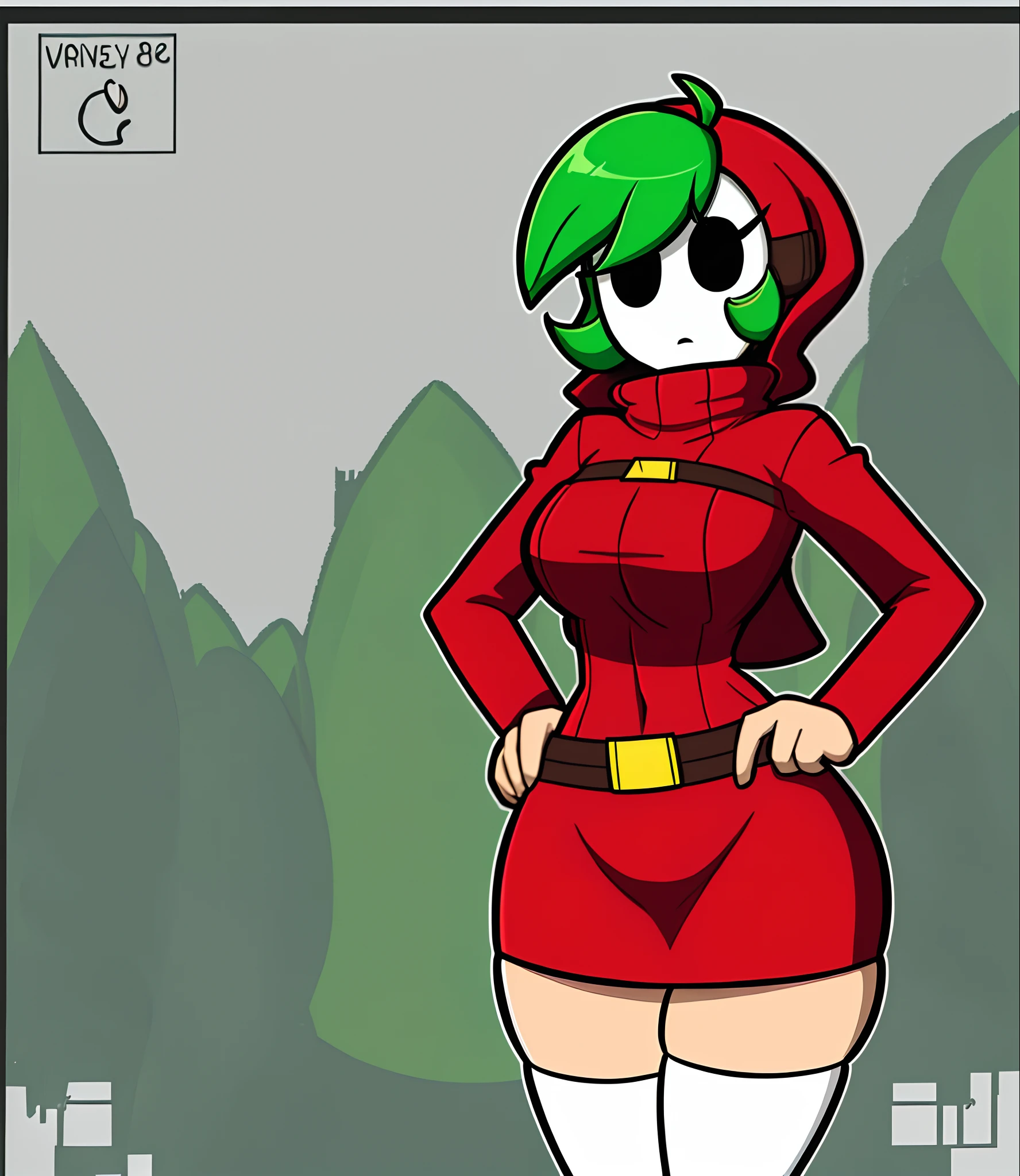 A cartoon picture of a woman in a red dress and green hair - SeaArt AI