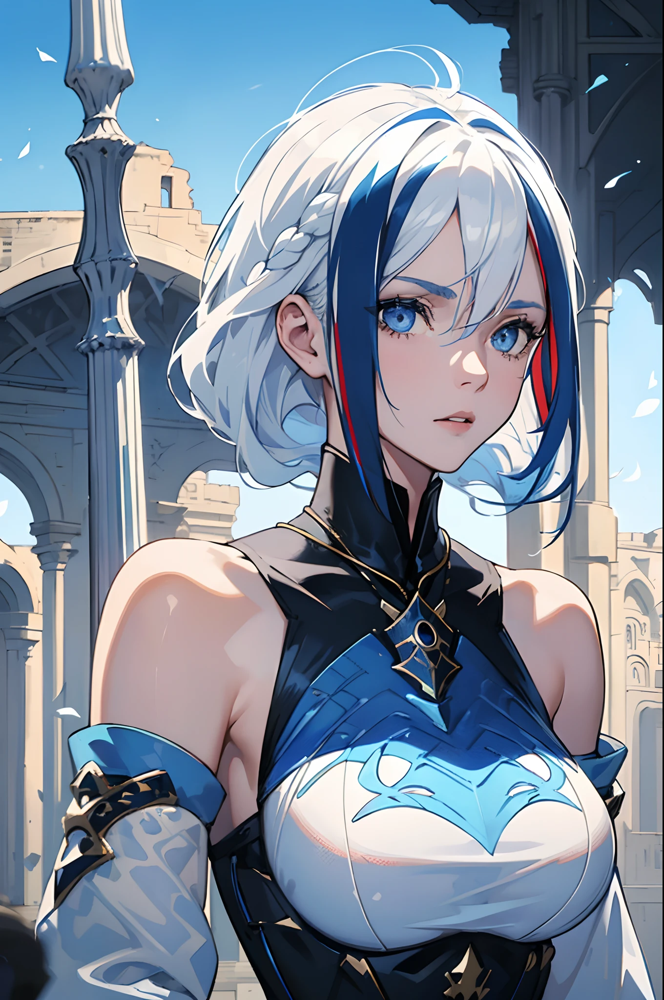 One girl, blue eyes, white hair, (((blue-streaked white hair))), french braids, delicate and flexible eyes, knightly attire, FOV, f/1.8, masterpiece, ancient civilization's ruins background, blue sky, falling leaves, front portrait shot, face focus, 8K, (((bare shoulders))), front bangs, (((asymmetrical hair))), knight lady, (((female knight blue attire))), looking at viewers, (((big breasts))), (((untied hair))), (((detached sleeves))), (patterned breastplate), (patterned breast armor), from front, face photoshot