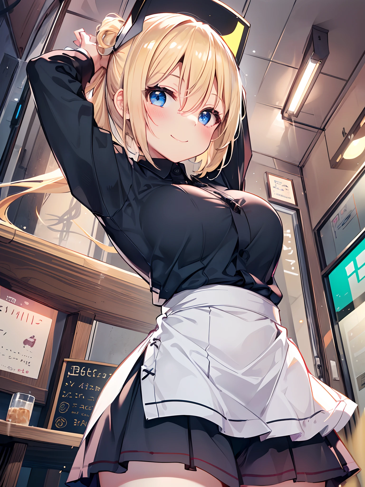 1girl in, (Chiquita:1.2), Kaho Hyuga, a blond, Twin-tailed,

Black shirt, White skirt, large boob,  
(Best Quality, hight resolution, 4K, Detailed Lighting, Shaders, perfect anatomia:1.2), 
(Focus:1.2), 
Arms up, 
Smile, blush, 
Looking at Viewer, From below, 
Cafe Background,