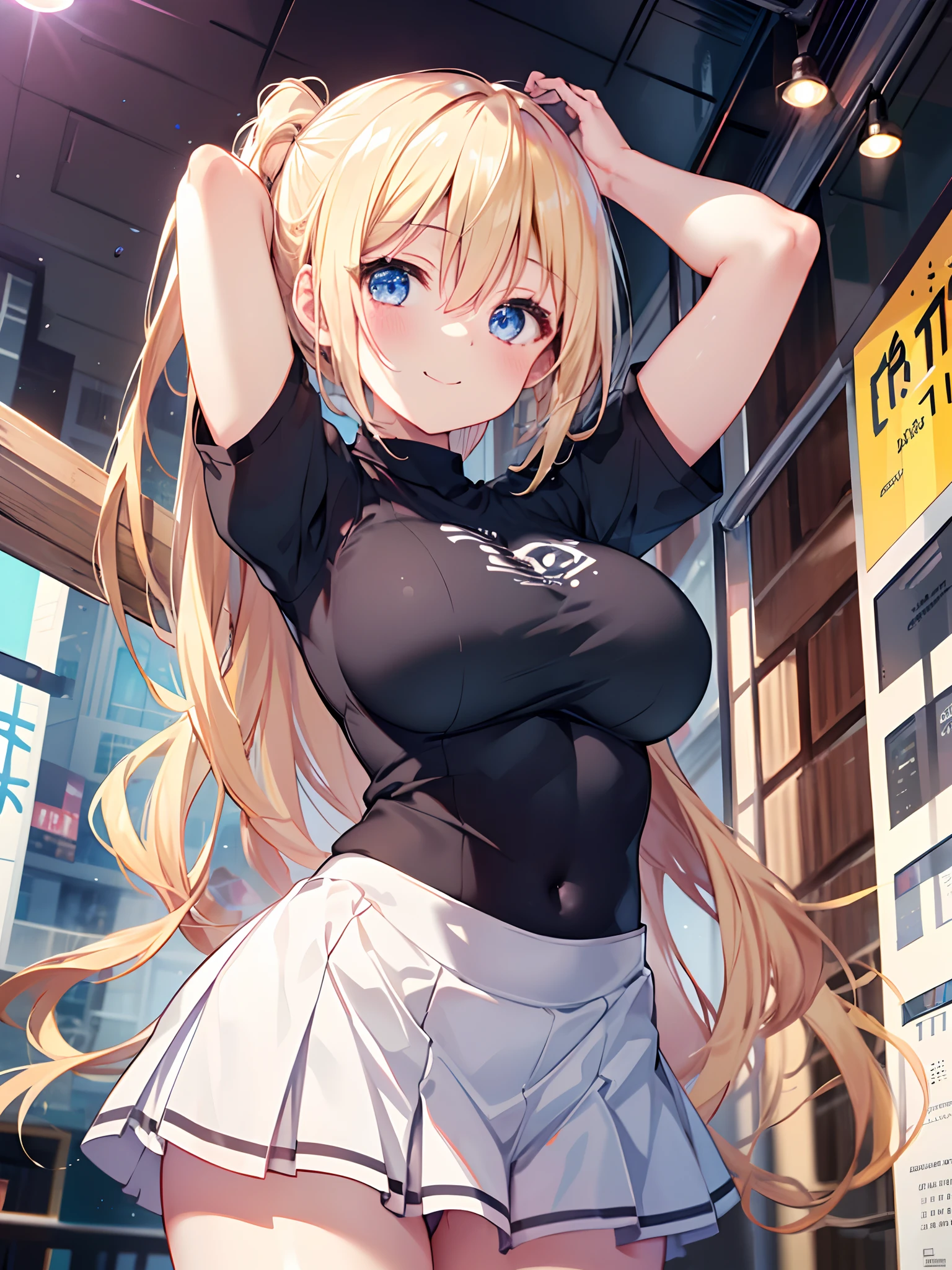 1girl in, (Chiquita:1.2), Kaho Hyuga, a blond, Twin-tailed,

Black shirt, White skirt, large boob,  
(Best Quality, hight resolution, 4K, Detailed Lighting, Shaders, perfect anatomia:1.2), 
(Focus:1.2), 
Arms up, 
Smile, blush, 
Looking at Viewer, From below, 
Cafe Background,