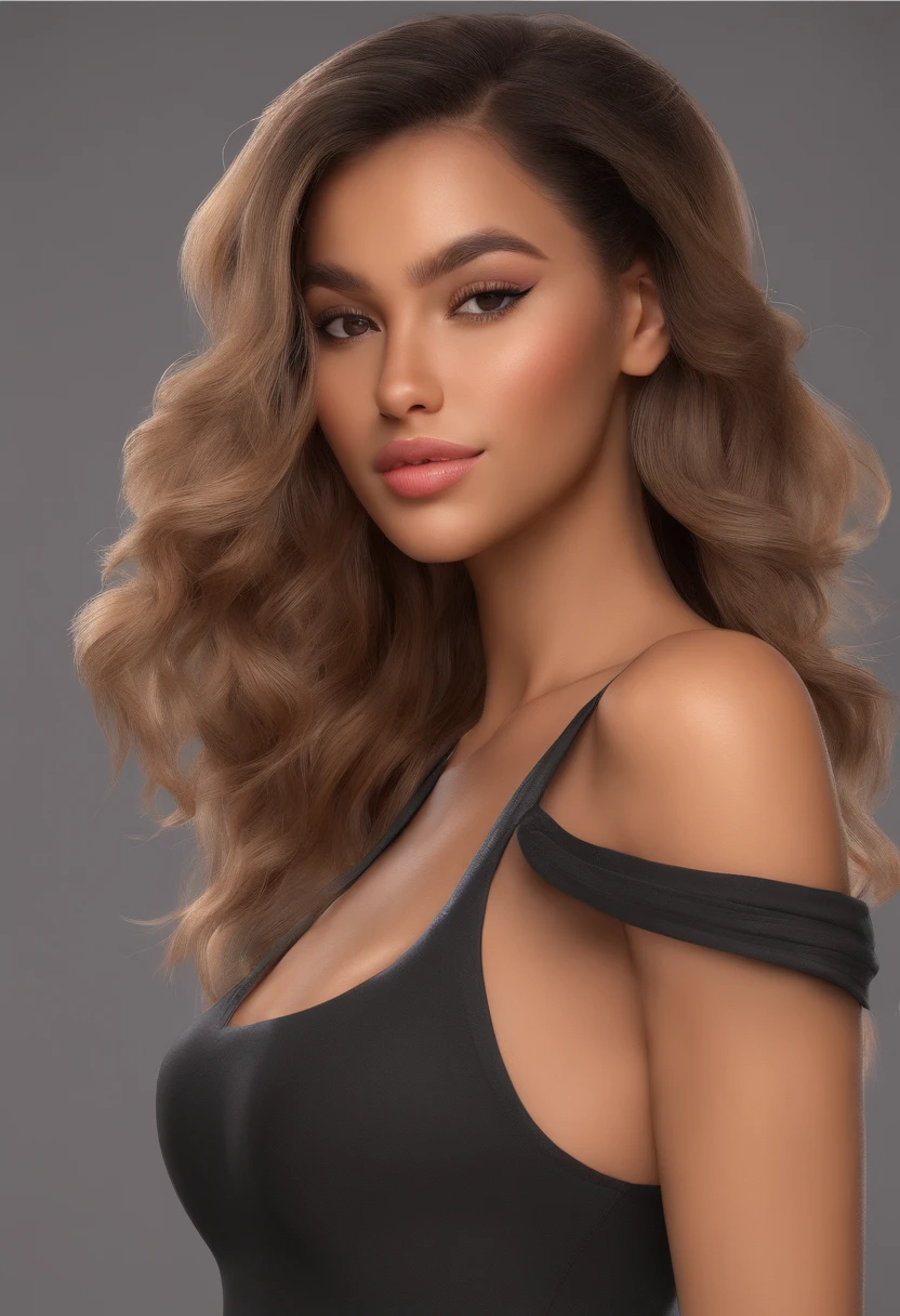 A woman with long hair wearing a black top and a black bra - SeaArt AI