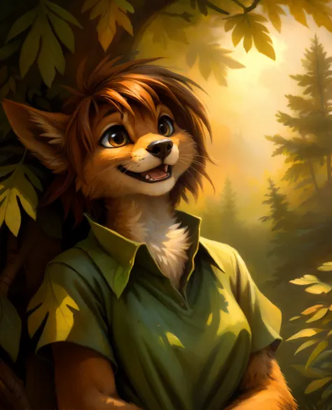 kenket,,, elora furry, detailed and extremely fluffy body fur, fluff, masterpiece, looking up beautiful surroundings, detailed background, happy, leaf-dress,