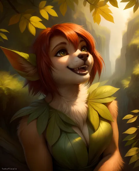 totesfleisch8,,, elora furry, detailed and extremely fluffy body fur, fluff, masterpiece, looking up beautiful surroundings, detailed background, happy, leaf-dress,