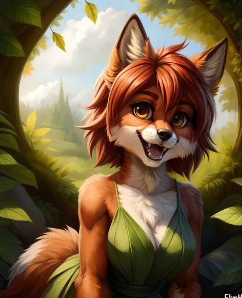foxovh,,, elora furry, detailed and extremely fluffy body fur, fluff, masterpiece, looking up beautiful surroundings, detailed background, happy, leaf-dress,