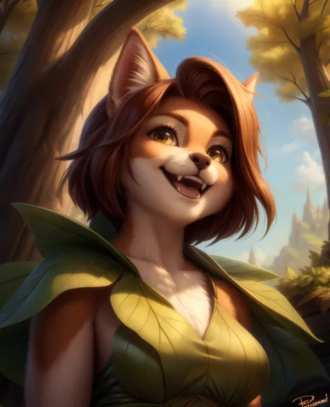personalami,,, elora furry, detailed and extremely fluffy body fur, fluff, masterpiece, looking up beautiful surroundings, detailed background, happy, leaf-dress,